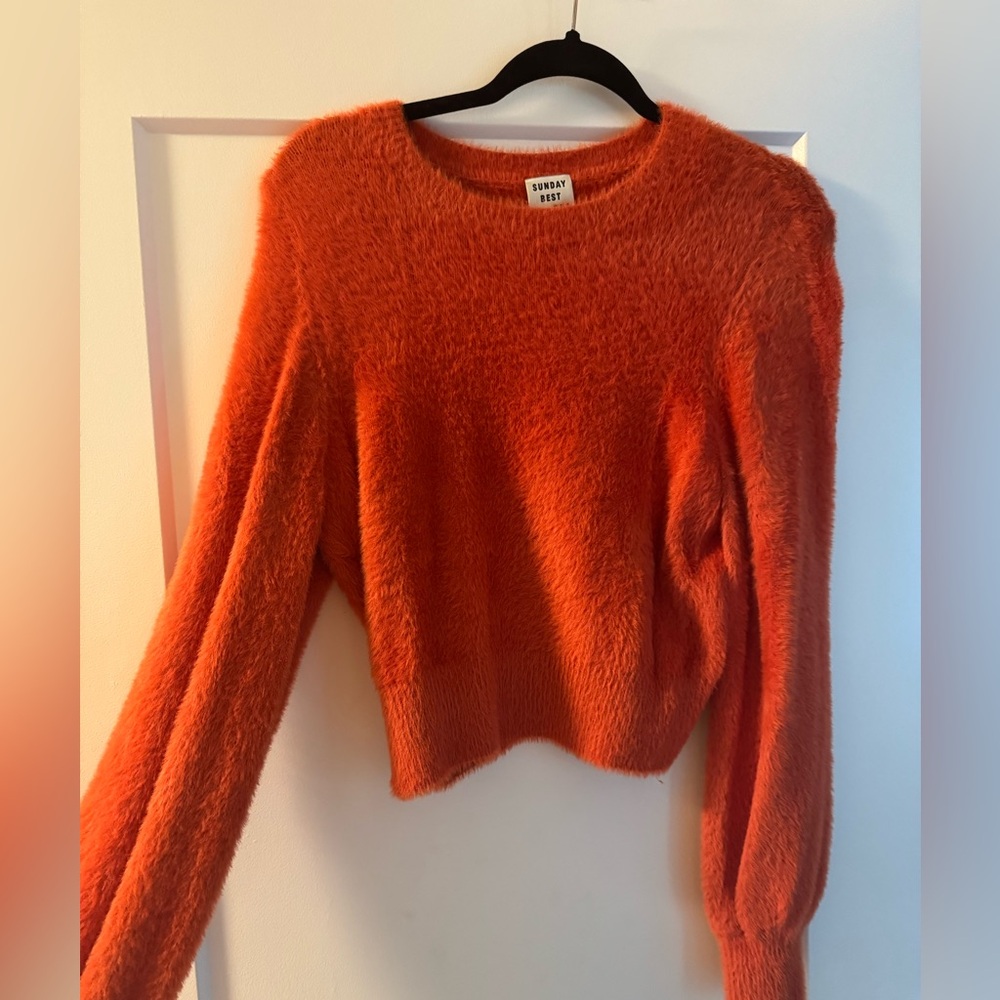 ARITZIA SUNDAY BEST Kitten Crewneck Cropped Fuzzy Sweater Orange